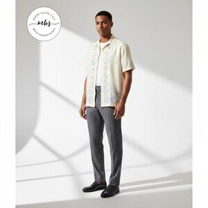 Tommy Bahama Silk Floral Embroidered Buttons Short Sleeve Shirt Cream Blue Men L